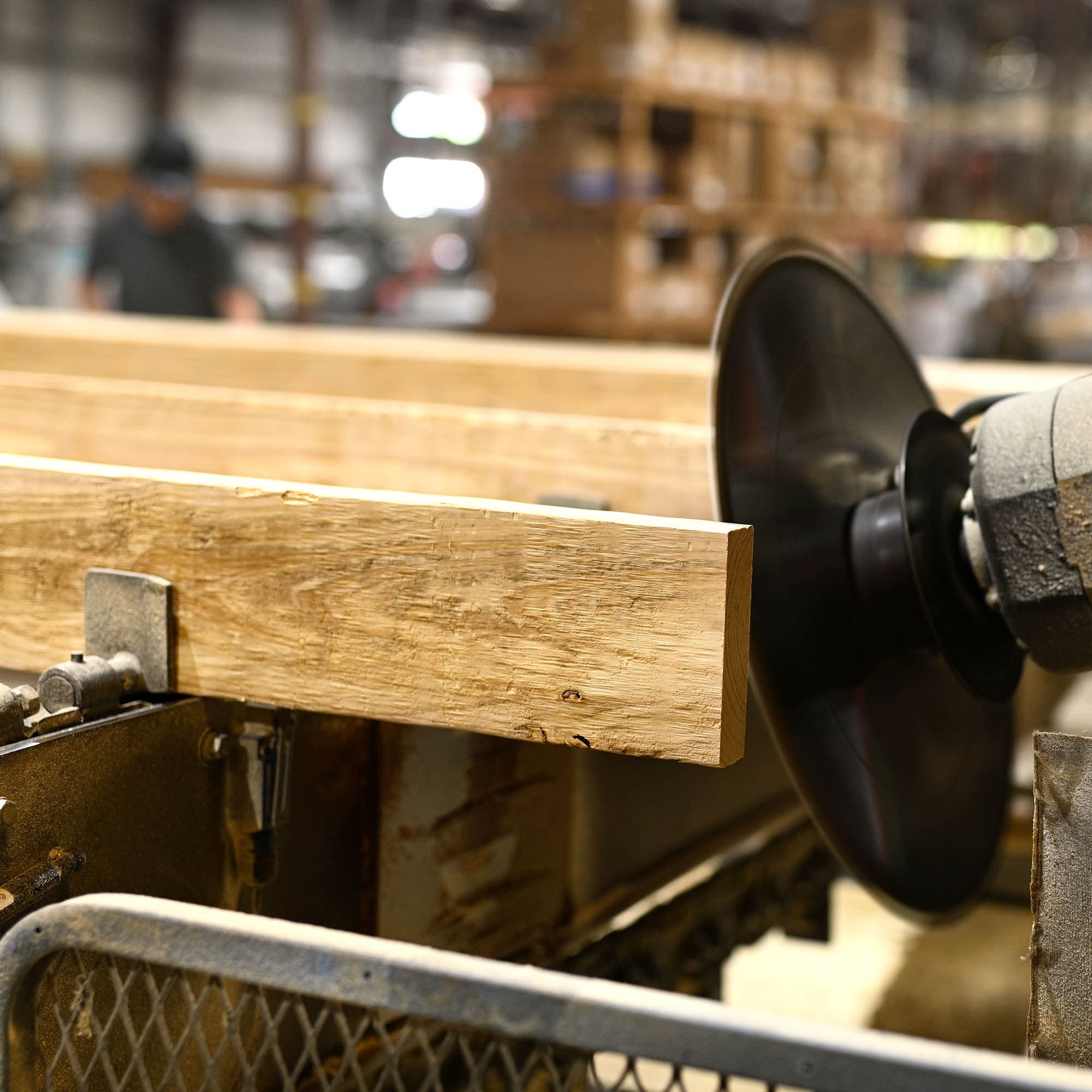 A board being cut to length on the saw at the South Boston, Virginia mill