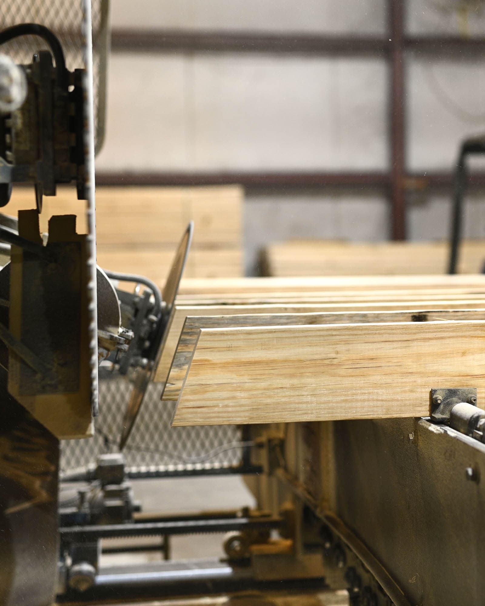 Framing lumber being cut to length on the saw at the South Boston, Virginia mill